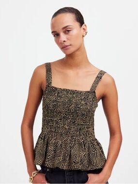 Madewell Smocked Peplum Tank Top in Spiral Black Dot